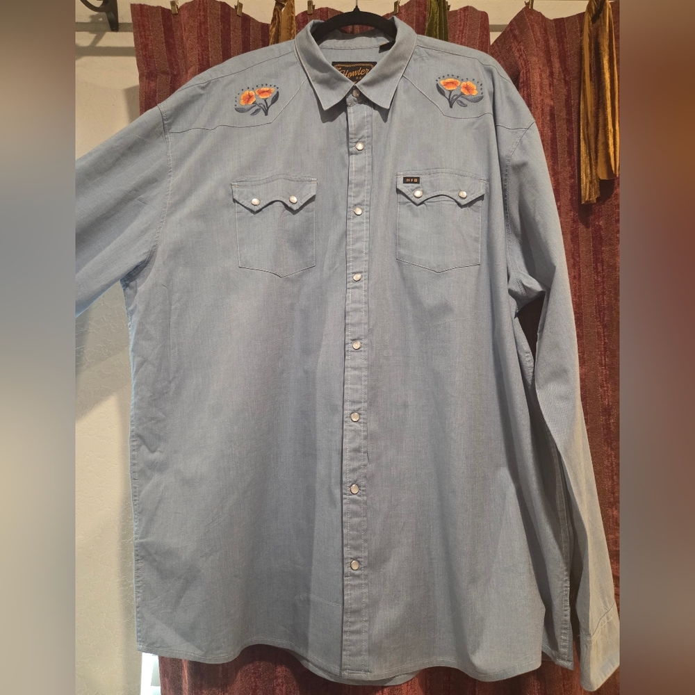 Howler Brothers Light Blue Western Shirt with Orange Embroidery